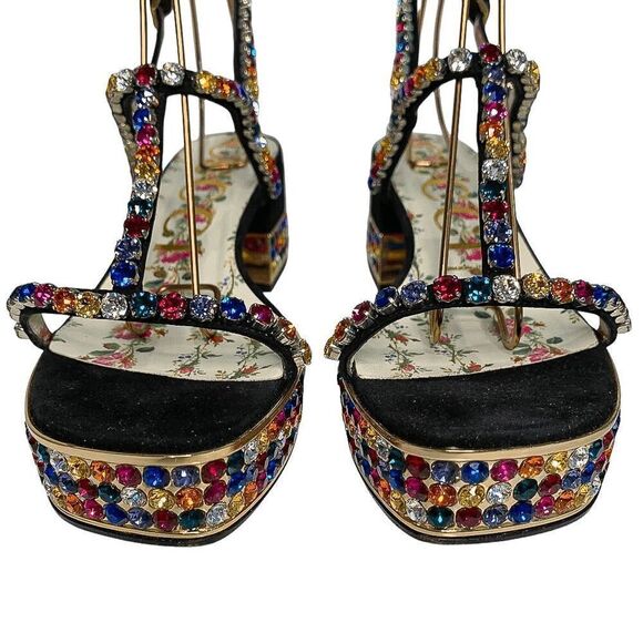 Gucci Mira Crystal Embellished Platform Sandals EU 37.5 US 7.5  Strappy Black - Picture 3 of 11